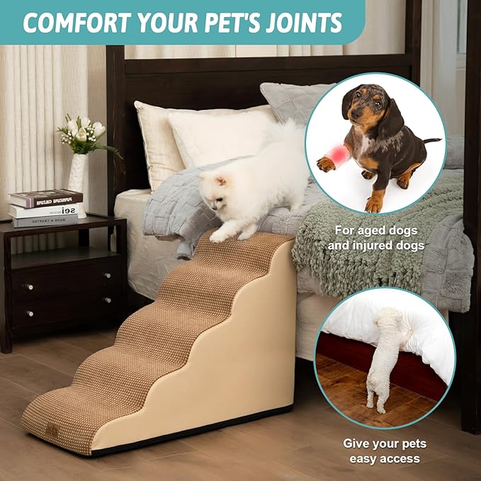 Dog Stairs for High Bed 22.6" H, Small Dog Step for Puppy, Older or Cat, Curved Ramp for Car, Ladder with High Density Foam, Lightweight, Durable, 15.7x33x22.6 inch, 5 Step, Light Brown