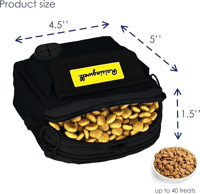 Dog Treat Pouch for Pet Walking and Training with Clicker, Poop Bags, and Three Bags Design Small Fanny Zipper Pack Holder for Puppy Snack Dispenser Kit for Leash and Outdoor Use (Black)