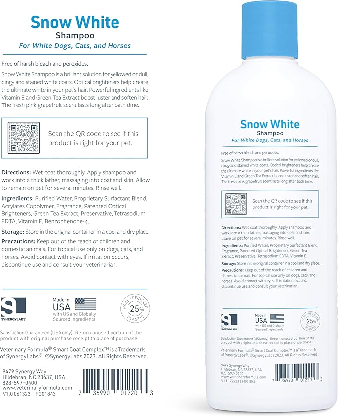 Veterinary Formula Smart Coat Complex Snow White Shampoo for Dogs and Cats, 17 Fl oz – Gently Remove Stains and Yellowing Without Bleach or Peroxide – Cleans, Deodorizes, and Brightens White Coats