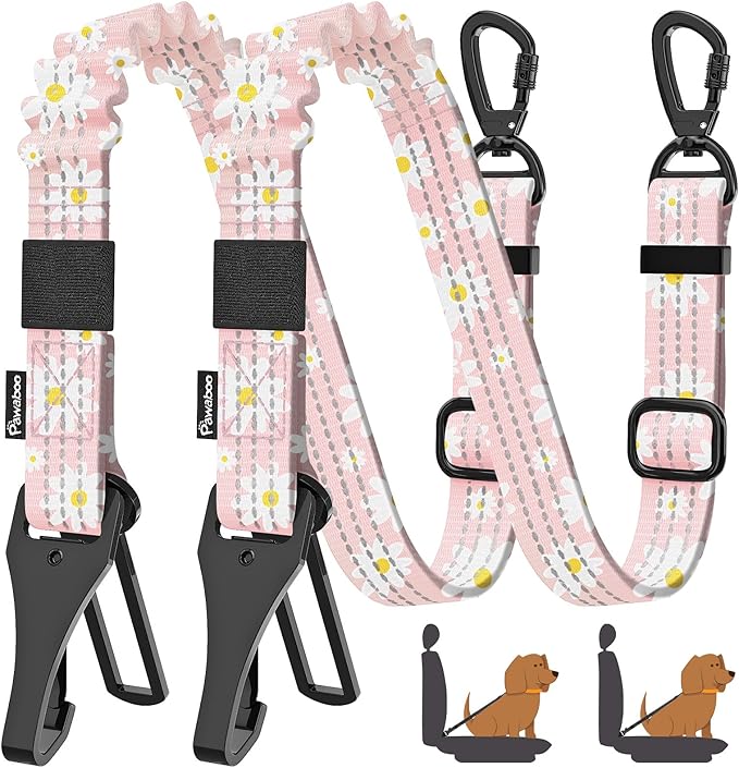 Pawaboo 2Pack Dog Seatbelt for Car, 3-in-1 Dog Car Seat Belt Bungee, Dogs Tether for Cars with Buckle & Hook Latch, Adjustable Reflective Dogs Cars Harness Leash with 360° Lockable Buckle, Light Pink