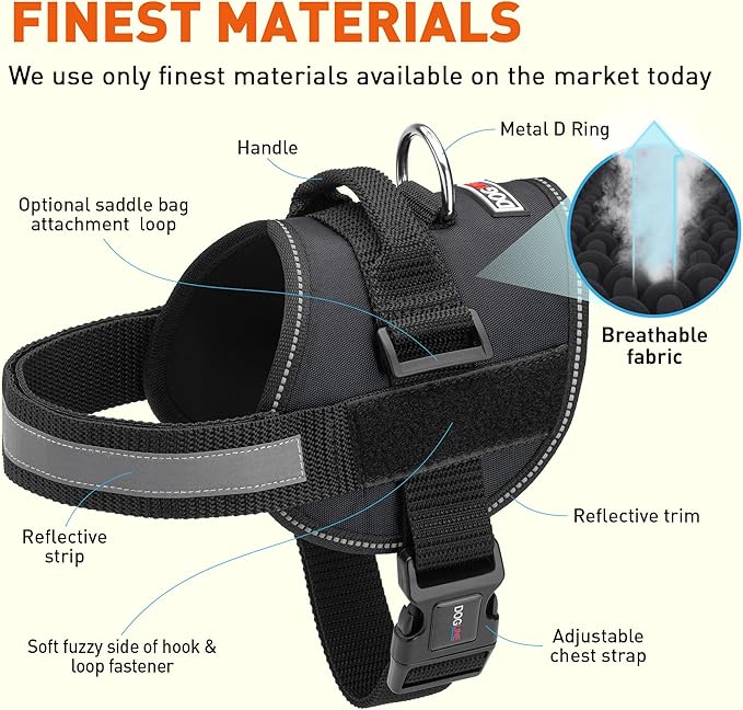 Dogline Dog Harness, Reflective No-Pull Adjustable Vest with Handle, Breathable No-Choke Harness for Small, Medium or Large Dogs Room for Patches Girth 33"-46" in Black