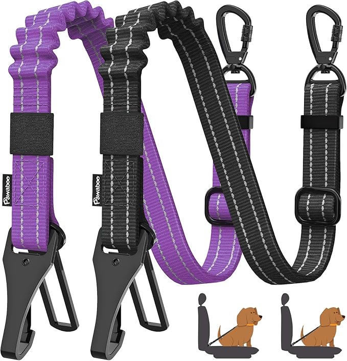 Pawaboo 2Pack Dog Seatbelt for Car, Dog Car Seat Belt Bungee, Shockproof Dog Tether for Car with Buckle & Hook Latch, Adjustable Reflective Dog Car Harness Leash with 360° Lockable Buckle, Purple