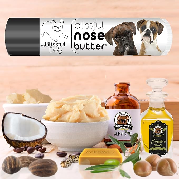 The Blissful Dog Boxer Duo Nose Butter for Dry, Cracked Skin, Lick-Safe Dog Nose Balm with Moisturizing Shea Butter, Almond, Olive, and Essential Oils, Pet Supplies, Uncented, 0.15 oz.