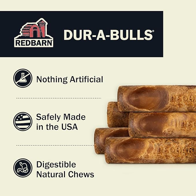 Redbarn Natural Dur-A-Bulls Treats for Dogs - 5 Medium Sticks - Hickory Flavor - Made in USA Long Lasting 100% Digestible No Artificial Ingredients or Plastic