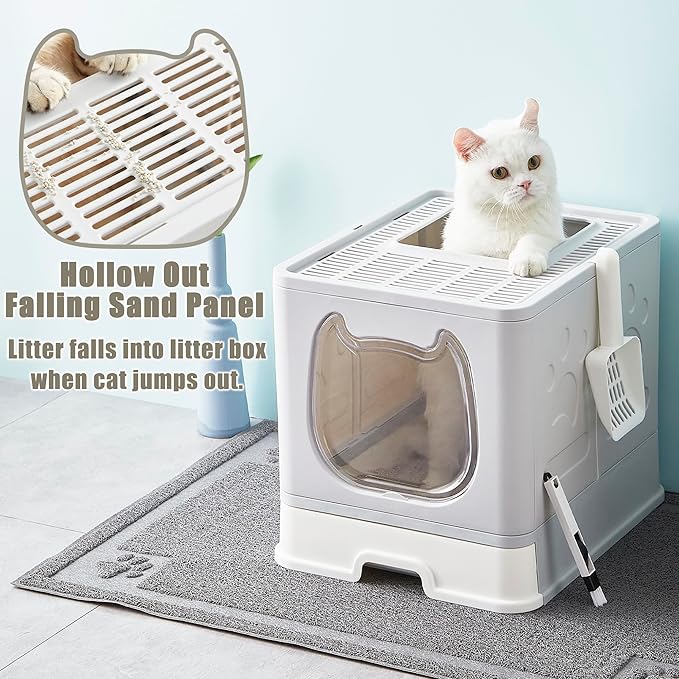 Gefryco Litter Box with Lid for Small to Medium Cats, Enclosed Cat Litter Box with Cover，High Sided Top Entry Cat Box with Brush and Scoop, Cute Kitty Litter Pan with Drawer for Growing Kittens(Grey)