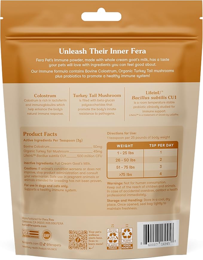 Fera Pets Immune Goat Milk for Dogs & Cats with Colostrum, Organic Turkey Tail Mushroom, & Probiotics - Improves Immune Response - for Picky Eaters - Powder - 60 TSP