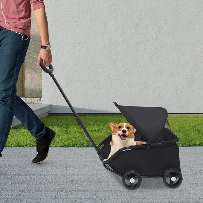 Small Dog Stroller, Pe4-Wheel Portable Dog & Cat Stroller with Semi-Open Design, Foldable Pet Cart with Canopy for Small Dogs or Cats Weighing Less Than 15.43 Pounds (Black)
