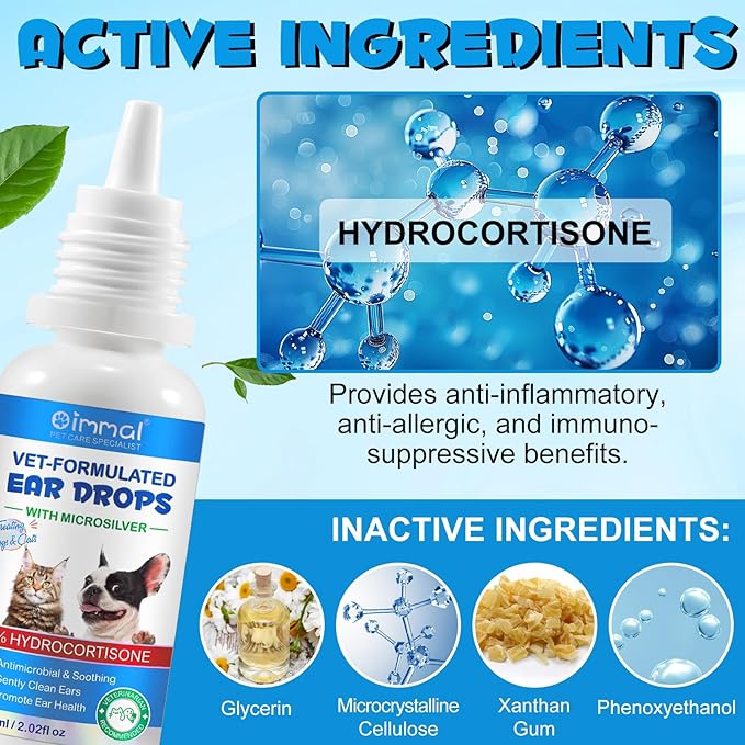 Dog & Cat Ear Infection Treatment Drops, Pets Ear Cleaning Drops with 1% Hydrocortisone for Dog & Cats Yeast Infection, Itchy Ear Relief, Treats Ear Infections for Dogs & Cats - 2 fl oz