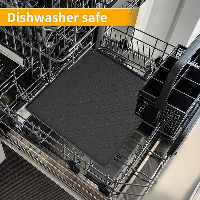 Ptlom Pet Placemat for Dog and Cat, Waterproof Non-Slip Silicone Feeding Bowl Mat Prevent Food and Water Overflow, Puppy Dish Feeder Fountain Trays Suitable for Medium and Small Pets, Black