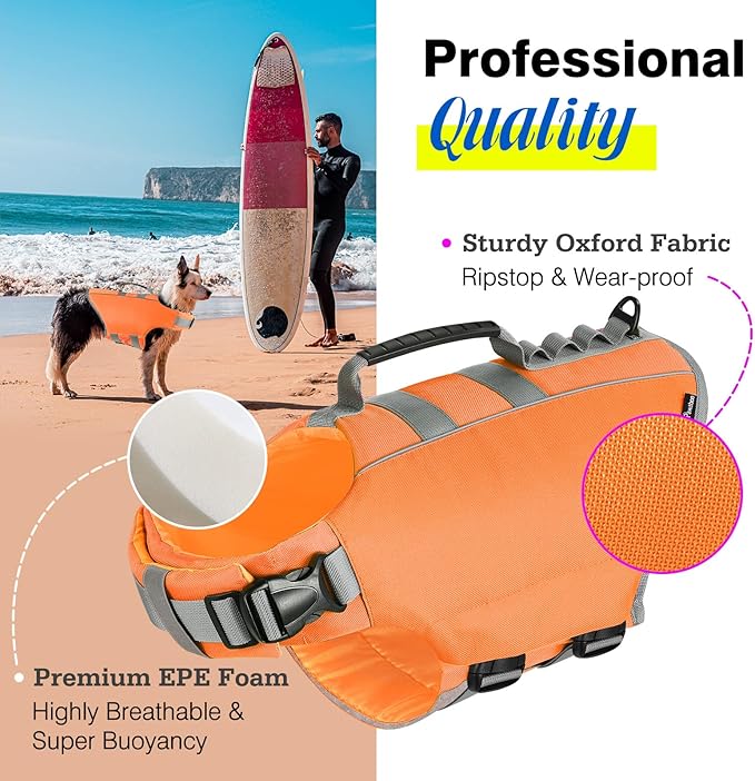 Pawaboo Dog Life Jacket, Reflective Dog Safety Vest Adjustable Pet Life Preserver with Strong Buoyancy & Sturdy Rescue Handle, Ripstop Dog Lifesaver Vests for Swimming, Boating, L, Orange