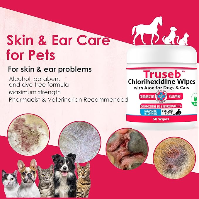 Truseb Topical for Dogs, Cats and Horses - with Aloe for Cleansing (Ketoconazole & Chlorhexidine Wipes, 100 Count)