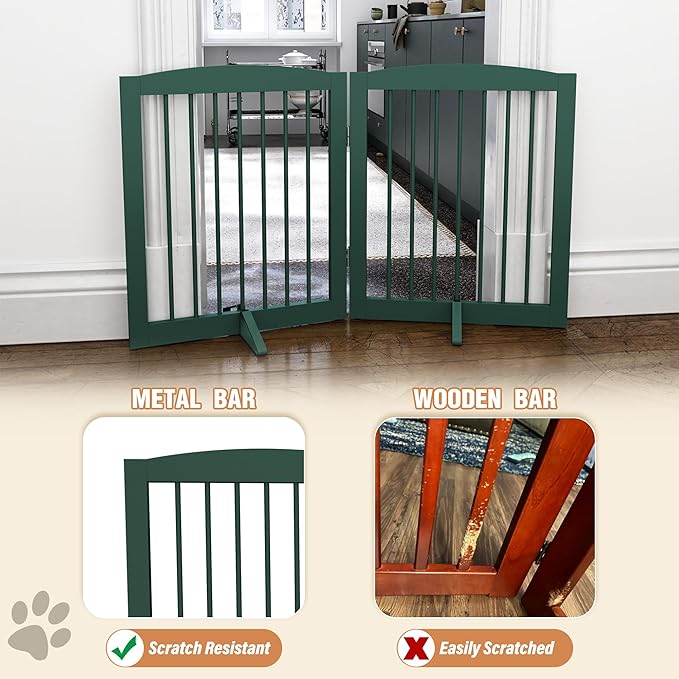 Freestanding Pet Gate for Dogs, Foldable Wooden Dog Gate for House, Stairs, Doorways, Step Over Pet Puppy Safety Fence,Support Feet Included,24" Height 2 Panels, Green