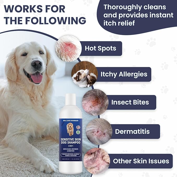 Premium 3-in-1 Sensitive Skin Dog Shampoo, Great for Allergies, Itching, Scratching, Anti-Itch Shampoo for Dogs with Oatmeal & Aloe, Made in USA, Natural Ingredients, 16 oz [We Love Doodles]