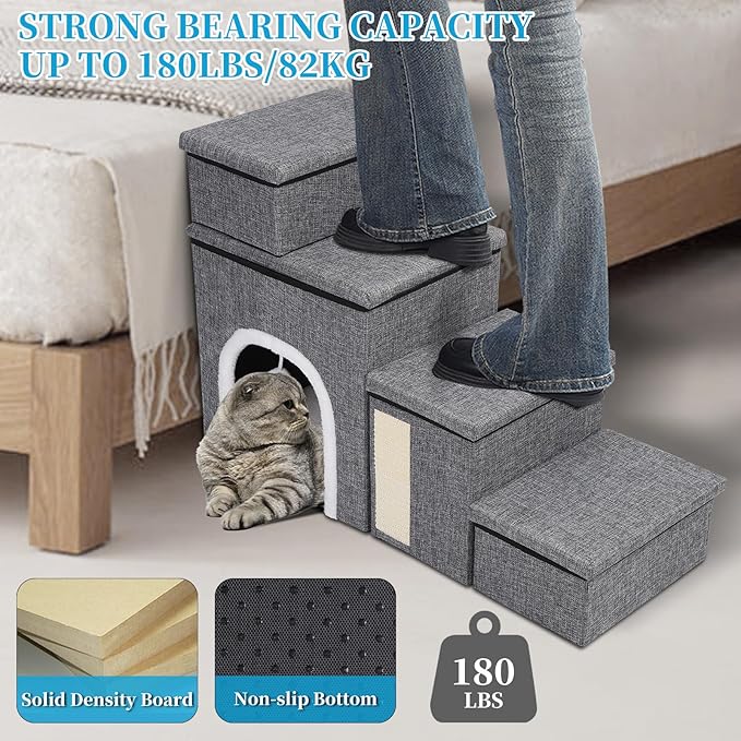 Dog Stairs for Bed and Couch 23“H, Foldable Dog Stairs for Small Older Dogs, 4 in 1 Adjustable Pet Cat Steps Ramps with Storage, Condo, Cat Scratcher, Hold Up to 180LBS, 4 Steps