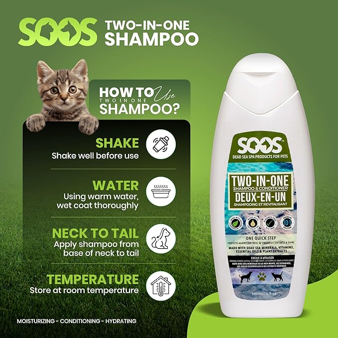 Soos Pet Dog Shampoo and Conditioner for Cats and Pets Natural Dead Sea Minerals Two-in-One Deeply Absorbing with Essential Oils Natural Ingredients Vitamins Antifun-gle - 1x Pack (500ml)