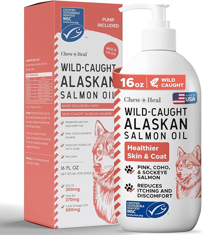 Pure Wild Alaskan Salmon Oil for Dogs - 16 oz. Pump Cap - Toxin Free Dog Fish Oil Rich in Omega-3 and 6, Vitamin D, EPA, and DHA for Healthy Skin and Coat - Pink, COHO, and Sockeye Salmon