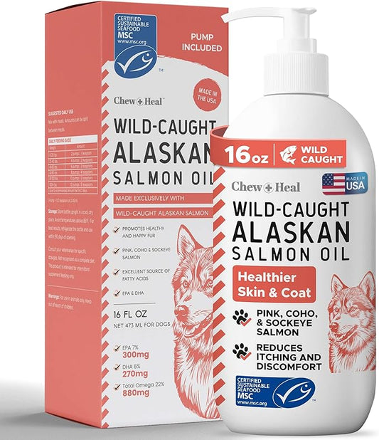 Pure Wild Alaskan Salmon Oil for Dogs - 16 oz. Pump Cap - Toxin Free Dog Fish Oil Rich in Omega-3 and 6, Vitamin D, EPA, and DHA for Healthy Skin and Coat - Pink, COHO, and Sockeye Salmon