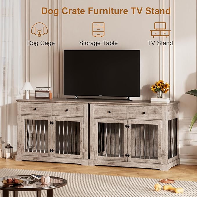 PUKAMI 44inch Dog Crate Furniture with Drawers,Wooden Dog Kennel Furniture for Large Breed,End Table Wood Dog House for Indoor use (Grey)