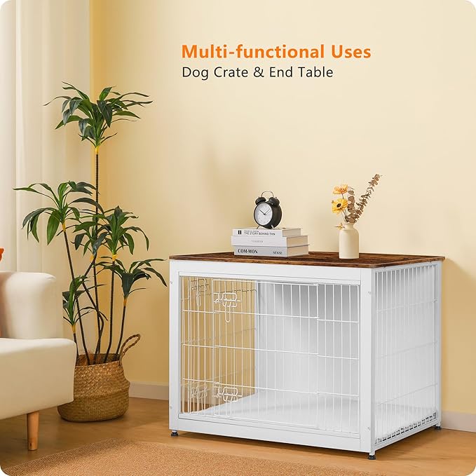 DWANTON Dog Crate Furniture with Cushion, Wooden Kennel Table with Double Doors, Indoor Dog House, Large Size, 38.5" L, White+Rustic Brown