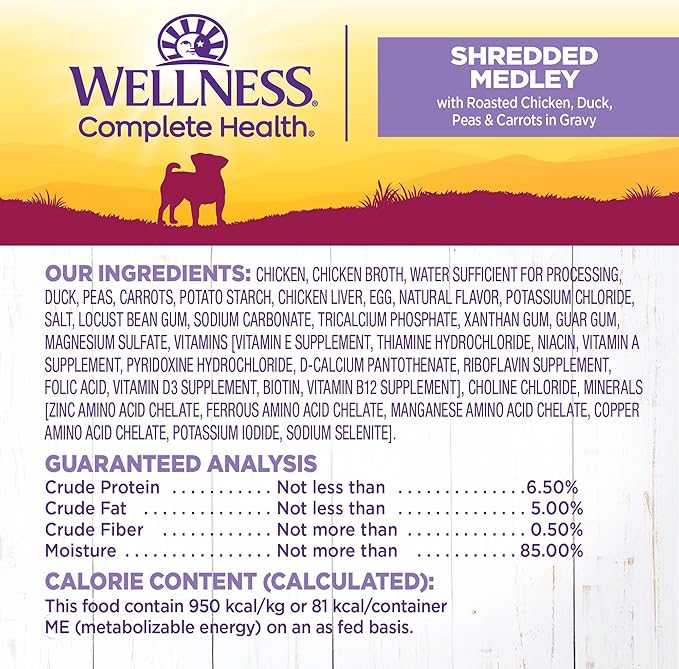 Wellness Petite Entrées Shredded Medley with Roasted Chicken, Duck, Peas & Carrots, 3-Ounce Cup (Pack of 12)
