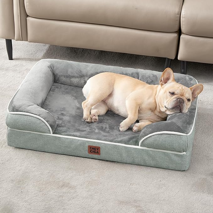 EHEYCIGA Orthopedic Dog Bed for Medium Dogs, Waterproof Memory Foam Medium Dog Beds with Sides, Non-Slip Bottom and Egg-Crate Foam Pet Couch Bed with Washable Removable Cover, Greyish Green