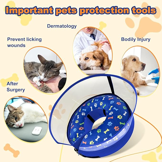 Dog Cone Collar with Enhanced Anti-Licking, Inflatable Dog Cone After Surgery, Adjustable Size with Soft Padding for Small Medium Large Dogs - Blue/M