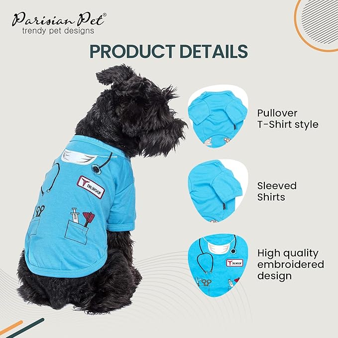 Parisian Pet Doctor Woof Dog Shirt - Embroidered Dog Pirate Costume - 100% Cotton & Polyester Doctor Outfit for Dog - Sleeved Dog Clothes - Blue Funny Dog Shirts for Large Dogs - Pet Costumes - L