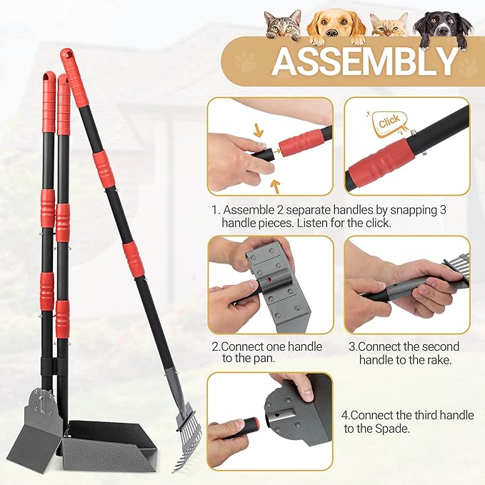 Heeyoo Dog Pooper Scooper, Dog Poop Tray and Rake Set, Pet Waste Removal Scoop with Long Adjustable Sectional Stainless Handles