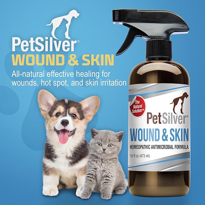 PetSilver Wound & Skin Spray - Dog Wound Spray, Hot Spot, Allergy Relief for Dogs, Itch Spray for Cats - Natural Skin Soother - Chelated Silver, Superior to Colloidal Silver - Made in USA - 16 fl oz