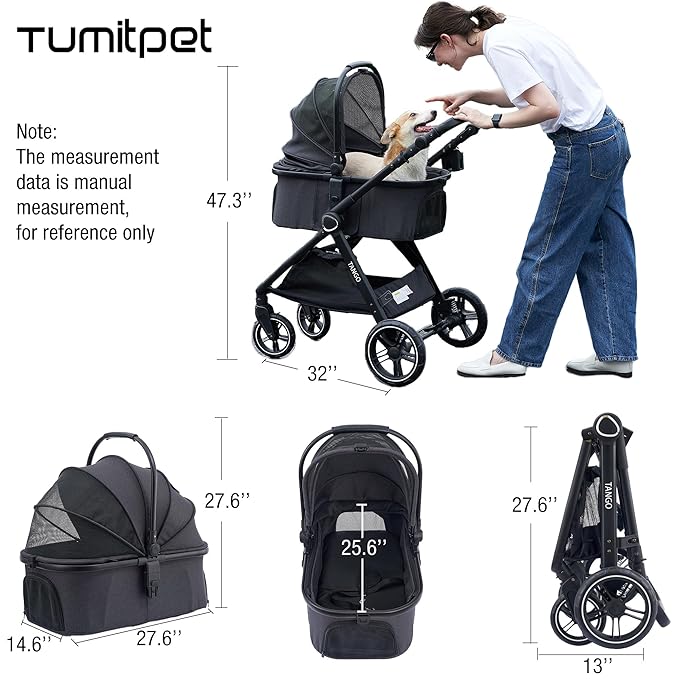 Tango Pet Stroller, 2 in 1 Dog Stroller for Small Medium Dogs Cats Carriage with Removable Carrier Folding Dog Carriage for Travel