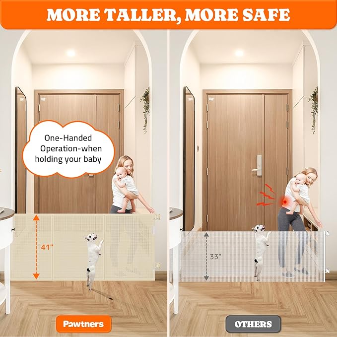 Upgrade 120" Retractable Baby Gates Extra Wide with Reinforced Strip, 10 FT Retractable Dog Gate, 41" Tall Retractable Gate Indoor Outdoor for Pet and Baby-Beige