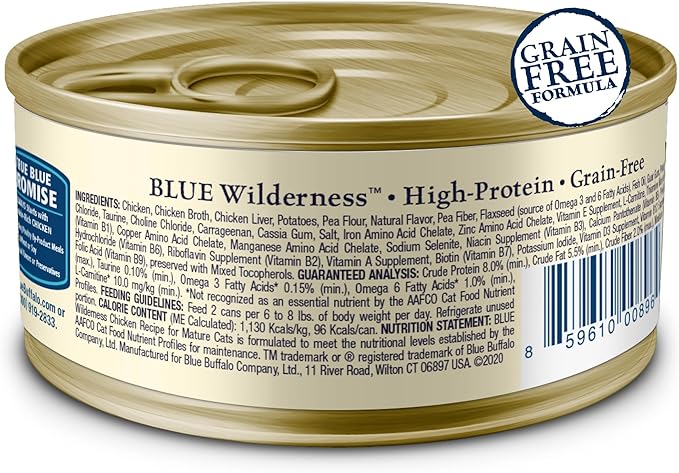 Blue Buffalo Wilderness High-Protein & Grain-Free Wet Cat Food Paté for Adult Cats 7+, Made with Natural Ingredients, Chicken Recipe, 3-oz. Cans (24 Count)