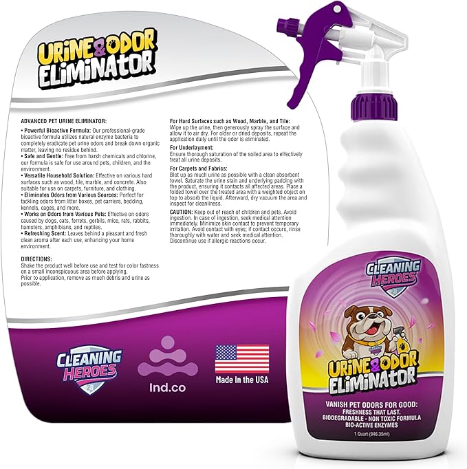 Pet Carpet Cleaner & Urine Odor Eliminator for Strong Odor - 32oz Enzyme Cleaning Spray for Cat & Dog Pee - Spot Cleaner for Carpet Upholstery, Marble, Tile, Wood - Carpet Deodorizer