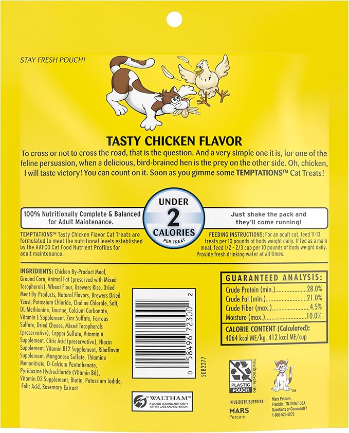 Temptations Classic Crunchy and Soft Cat Treats, Tasty Chicken Flavor, 6.3 oz. Pouch, (Pack of 10)