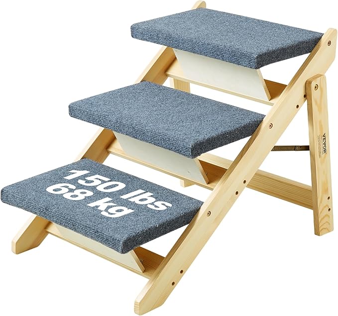 VEVOR Wood Pet Stairs/Pet Steps, 2-in-1 Foldable Wooden Dog Stair for Beds, Sofa and Cars, Dog Stairs & Ramp with 3 Steps for Small Medium Large Pet, up to 150 lbs