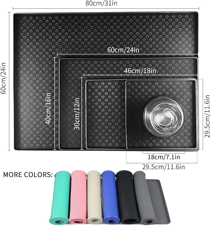 Ptlom Pet Placemat for Dog and Cat, Waterproof Non-Slip Silicone Feeding Bowl Mat Prevent Food and Water Overflow, Puppy Dish Feeder Fountain Trays Suitable for Medium and Small Pets, Black