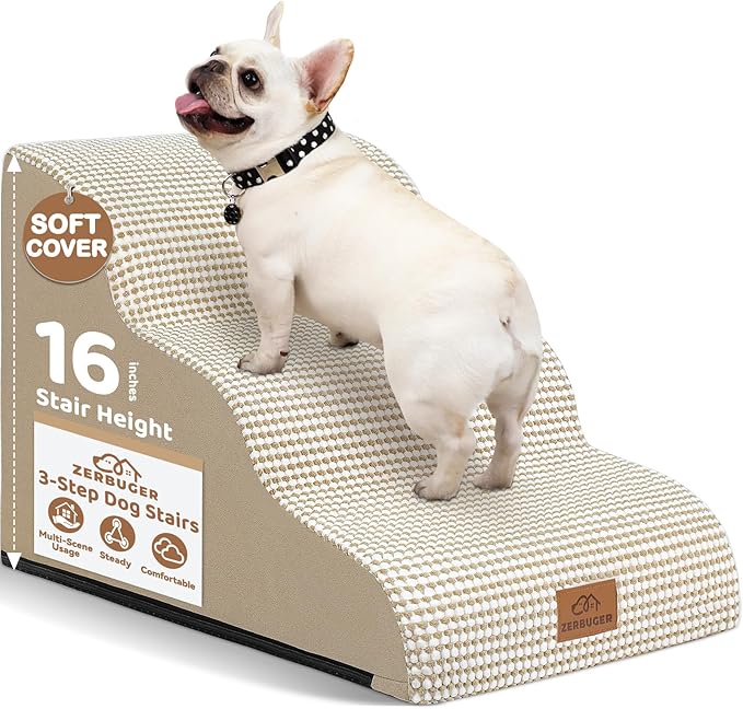 Dog Ramp and Stair for Bed 16" H-20 H,3-Step Cat Stair for Sofa and Chair,4-Step Dog Ramp for High Bed and Window,Durable Nonslip Fabric Cover for Indoor (Beige-16 H, Pet Friendly, 3)