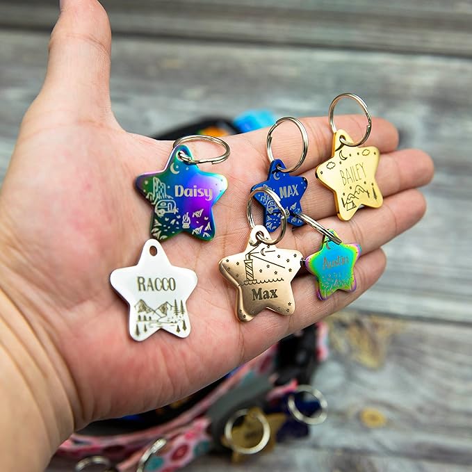 Personalized Dog Tag with 5 Lines of Custom Deep Engraved Durable Stainless Steel Pet ID Name Tag Designer Regular Size Star