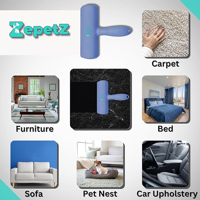 Pet Hair Removal Tool – Reusable Lint Roller for Dogs & Cats – Self-Cleaning Fur Remover Brush – Ergonomic Lint Roller for Carpet, Bedding, Couch, Car Seat & More (Blue)