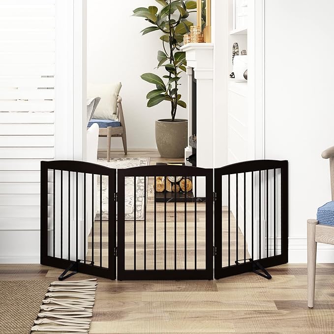Freestanding Pet Gate for Dogs, Foldable Wooden Dog Gate for House, Indoor Dog Gate for Doorways, Stairs, Gates for Dogs Indoor, Support Feet Included, 24" Height 3 Panels, Brown