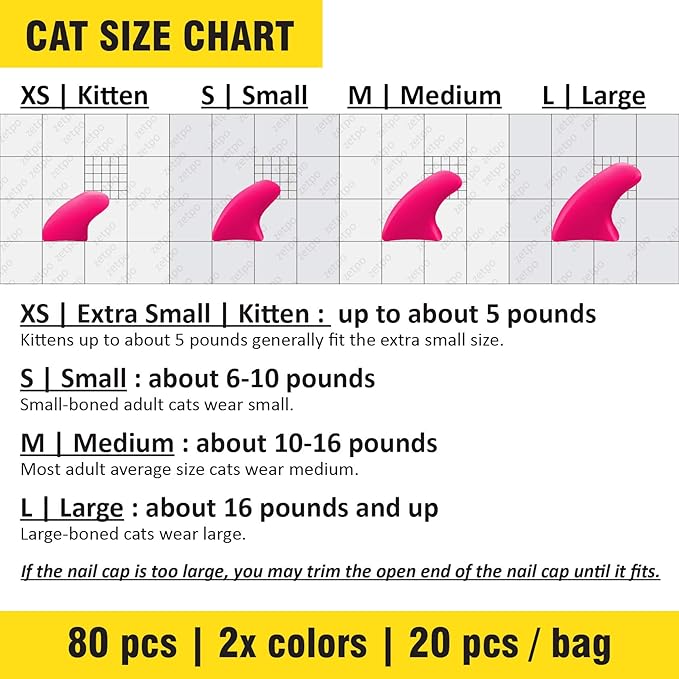 zetpo 80 pcs Cat Claw Covers | Cat Nail Caps | with Adhesives and Applicators (XS, Bright Pink, Rose)