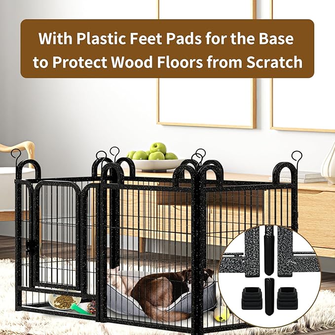 Puppy Playpen 8 Panels Small Dog Fence Outdoor Indoor Use 24" Height Anti-Rust with Doors Portable Dog Play Pen for RV Camping Yard, Total 15FT, 17 Sq.ft, Snowy Black