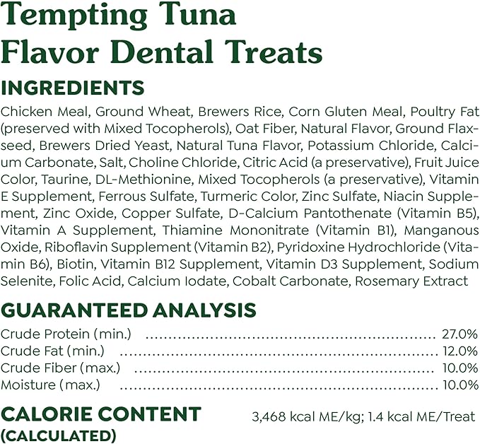 Greenies Feline Adult Dental Cat Treats, Tempting Tuna Flavor, 9.75 oz. Tub