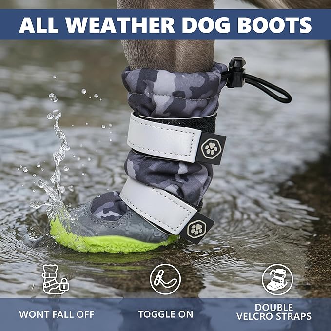 Spark Paws Dog Shoes, Waterproof Dog Boots for Medium to Large Dogs, Non Slip, Breathable Dog Booties and Paw Protectors - 4PCS Doggie Hiking Boots with Reflective Straps, Gray Camo, Size 1
