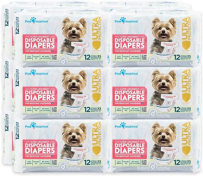 Paw Inspired Disposable Dog Diapers | Female Dog Diapers Ultra Protection | Diapers for Dogs in Heat, Excitable Urination, or Incontinence (12&144 Count) (X-Small (144 Count))