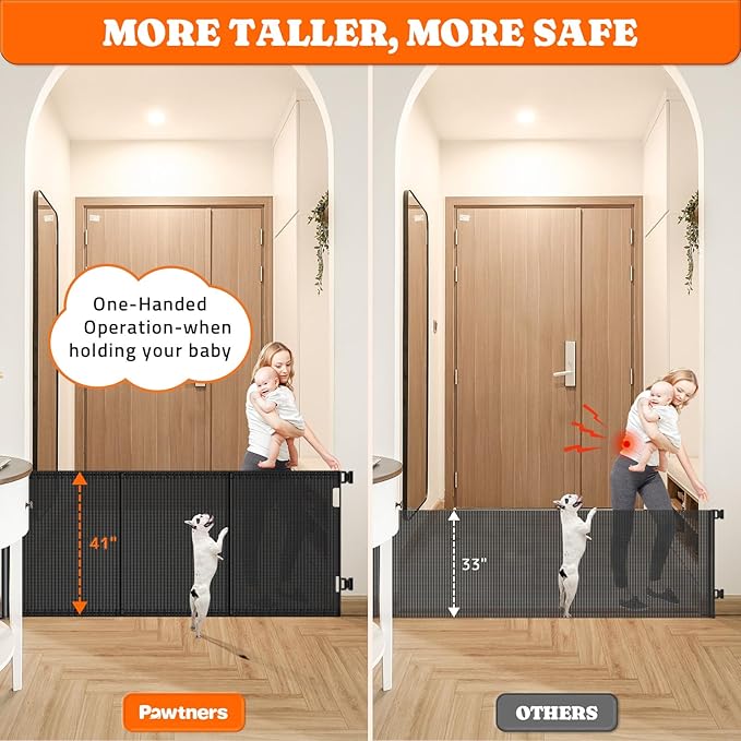 Pawtners Retractable Baby Gates Extra Wide, 41" Tall Extends up to 71" Wide, Dog Gate Indoor for Stairs, Pet Gate with Support Rods for Doorways Hallways Indoor & Outdoor-Black