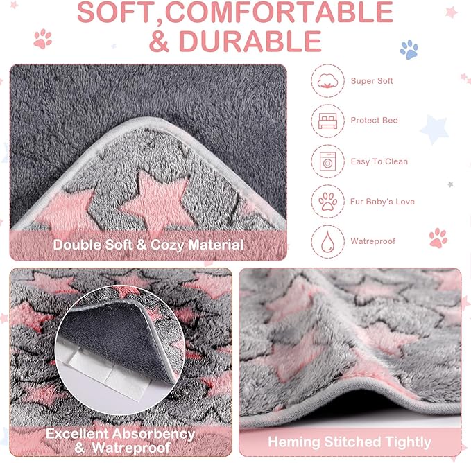 Reginary 4 Pcs Waterproof Guinea Pig Blankets Washable Small Animal Fleece Bedding Absorbent Guinea Pig Cage Liners Reusable Pet Pee Pad Sleep Mat for Hamster Ferret(Cute Star Pattern,28 x 56 Inch)