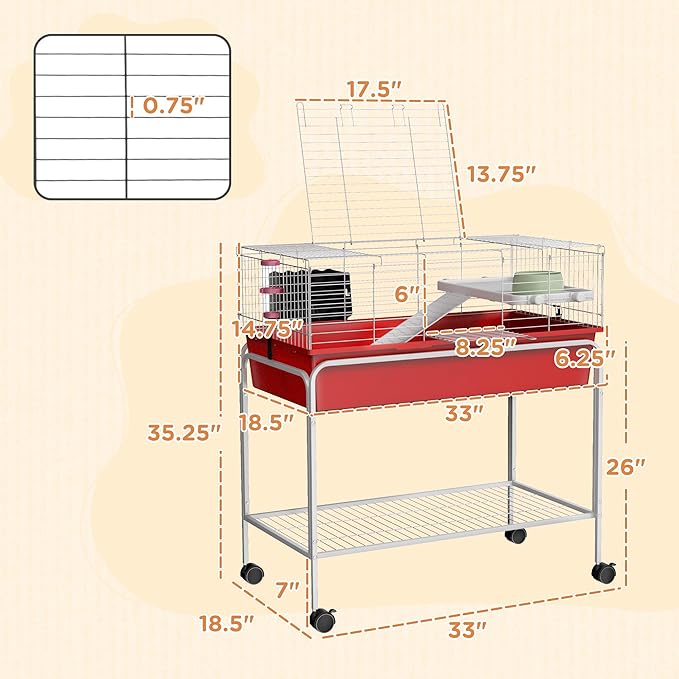 PawHut Two-Story Small Animal Cage Removable from Stand, Guinea Pig Cage with Shelf & Wheels, Pet Habitat for Hedgehog, Chinchilla, Ferret, 33" x 18.5" x 35", Red