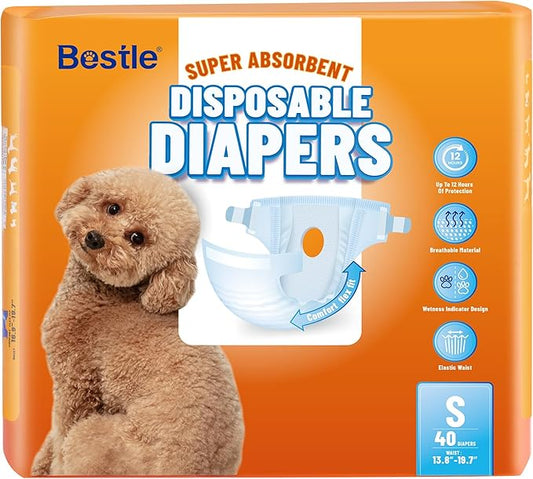 Disposable Female Dog Diapers, 40 Count, S (Waist 16.9”-19.7”), Wetness Indicator, Ultra Protection, Leak Proof, Super Absorbent, Soft