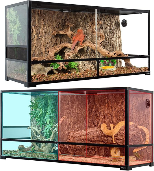 REPTIZOO 88 Gallon Large Reptile Terrarium 48" x 18" x 24" Knock-Down Glass Reptile Tank with Double Hinge Door & Screen Ventilation, Supporting Used as 2 Separate Habitats Easy Assembly